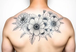 Flower bouquet with chrysanthemum, poppy, cosmo, daisy tattoo idea