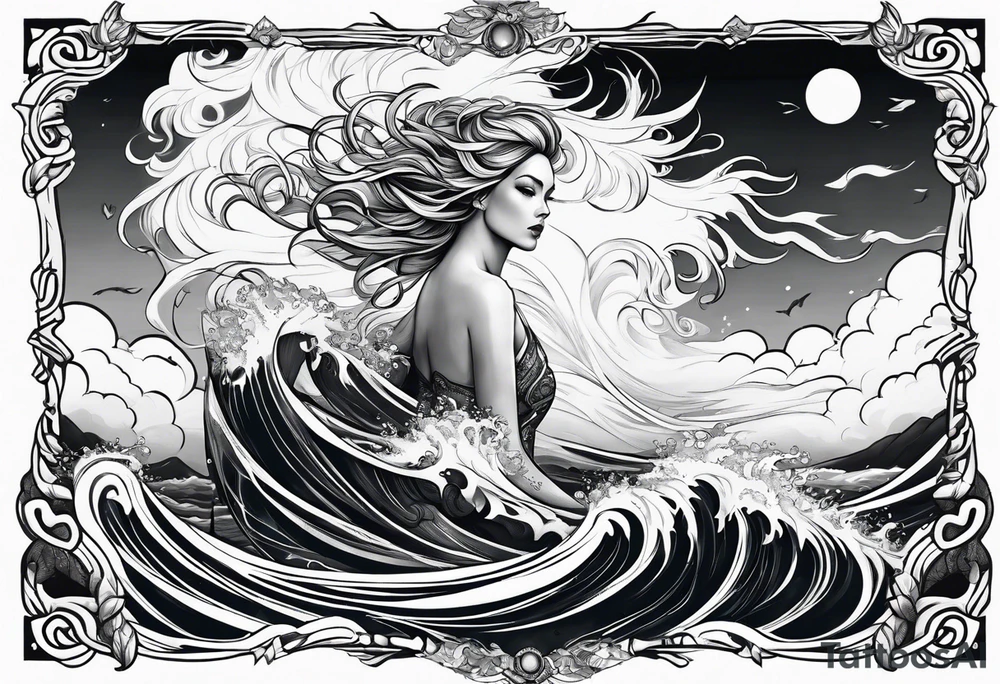 goddess, stormy sea, full length tattoo idea