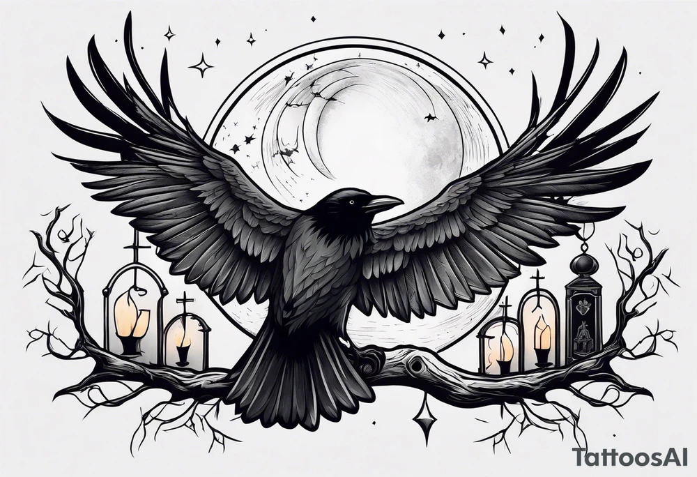 Half upper sleeve. Raven on a branch with candles and headstones and a moon in the background tattoo idea