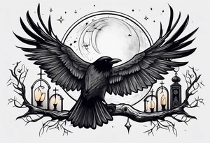 Half upper sleeve. Raven on a branch with candles and headstones and a moon in the background tattoo idea