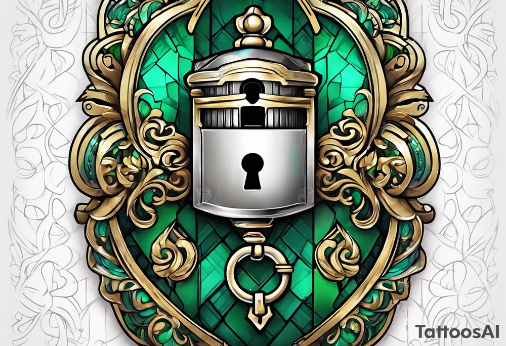 Lock and key with emerald stone tattoo idea