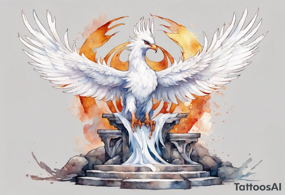 a white phoenix wearing a plain iron diadem, standing on a stone throne tattoo idea