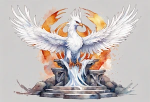 a white phoenix wearing a plain iron diadem, standing on a stone throne tattoo idea