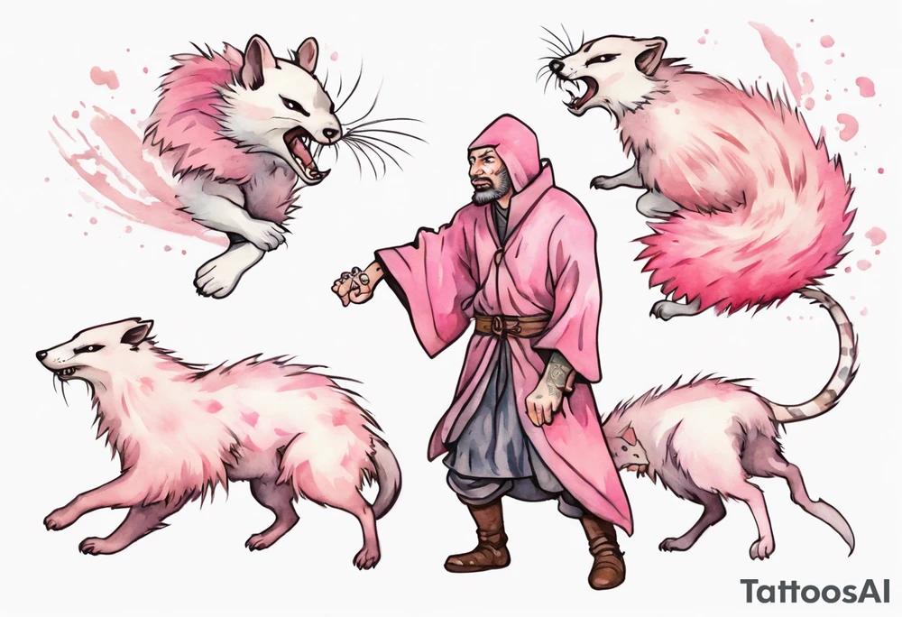 an angry medieval man being attacked by an ermine with pink fur tattoo idea
