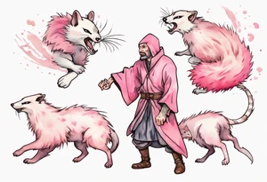 an angry medieval man being attacked by an ermine with pink fur tattoo idea