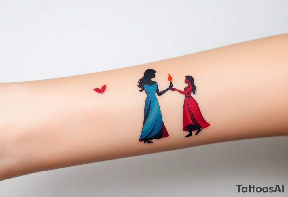 Silhouette of grandmother, mother and daughter passing a flame from oldest to youngest with the flame growing as it goes. tattoo idea