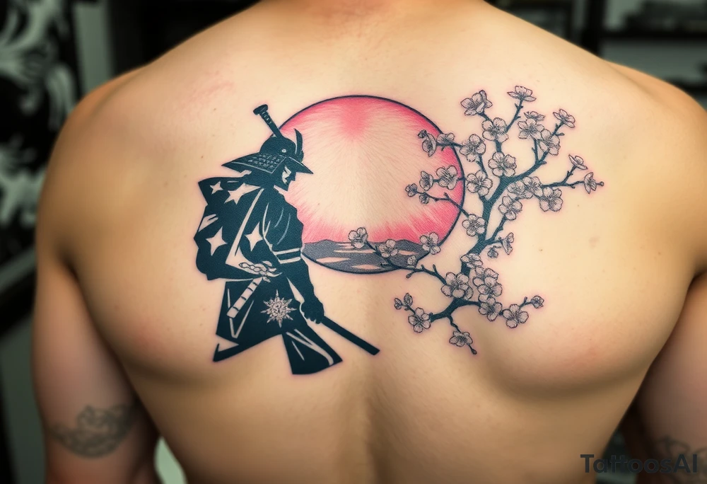 noble samurai warrior silhouette at sunset with cherry blossoms tattoo idea