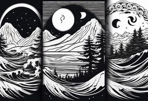 daytime yin with sun and ocean waves imagery in style of Hokusai with night time yin with moon and fir trees and mountains. edges should be blurred tattoo idea