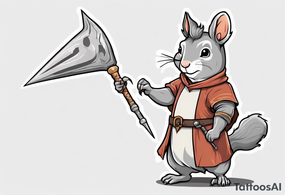 a grey squirrel dressed in a medieval tunic holding a silver unicorn horn spear tattoo idea