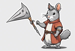 a grey squirrel dressed in a medieval tunic holding a silver unicorn horn spear tattoo idea