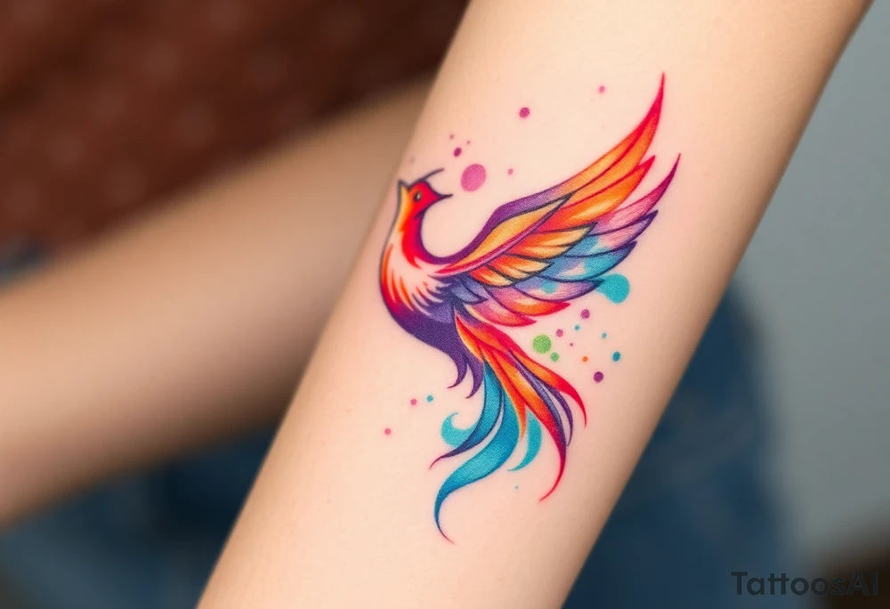 Phoenix in fire with purple, blue, orange, teal and green splashes, looking up tattoo idea