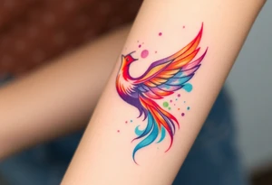 Phoenix in fire with purple, blue, orange, teal and green splashes, looking up tattoo idea