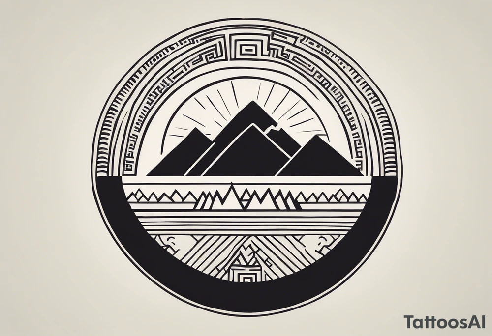 Create a minimalistic tattoo design incorporating a vertical line symbolizing a path. At the top is a spruce tree, the middle part is replaced with an outline of Machu Picchu, and at the bottom is an image of a sun with rays, stylized in Aztec art. Below the sun, add a small llama. All elements are done in black outline with no fill, creating a clean and symbolic image. tattoo idea