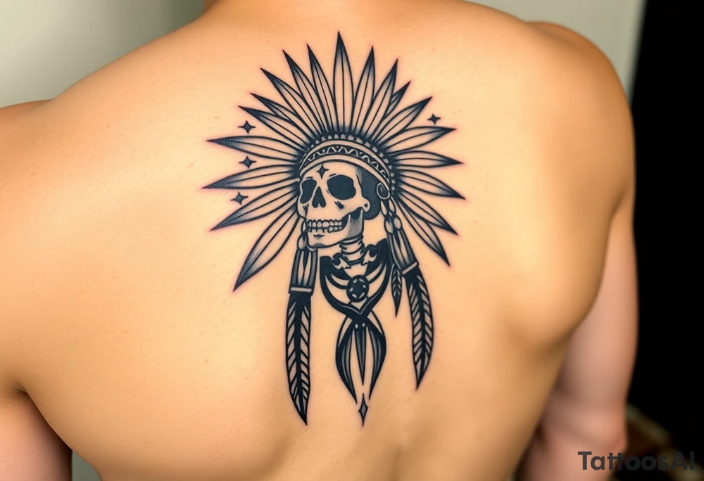 Traditional cherokee chief skeleton with spirit animals in the sky and moon and hazy clouds in the backdrop tattoo idea