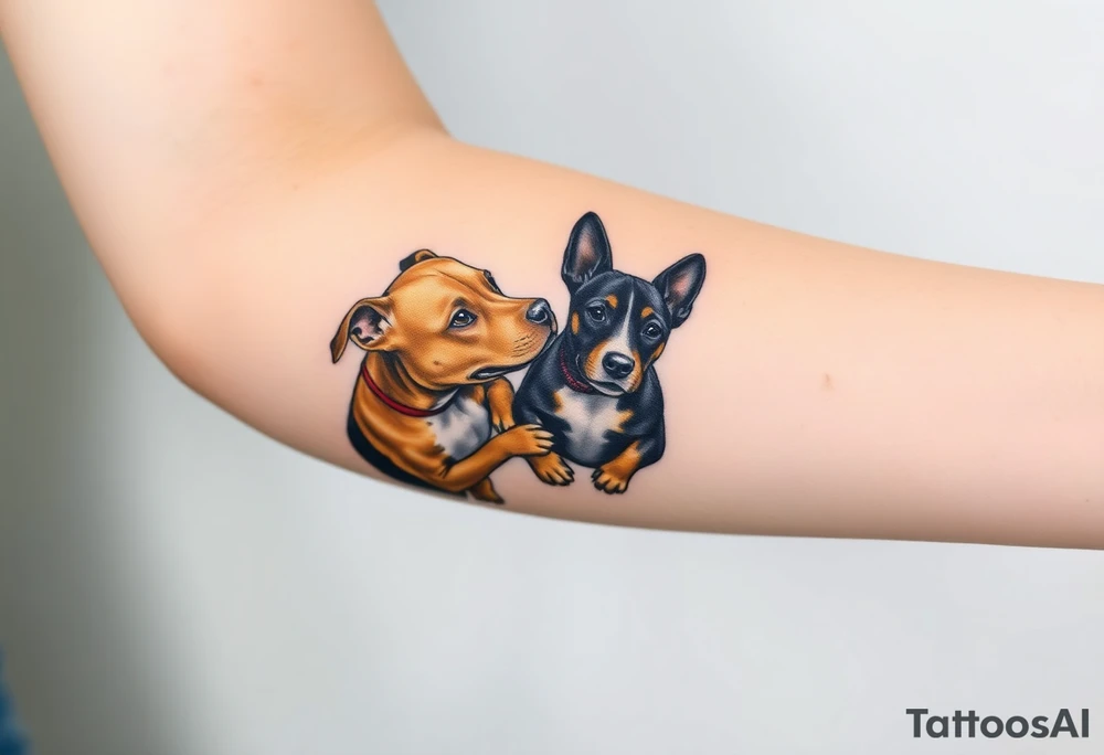 tan pitbull and black blue heeler dogs playing together tattoo idea