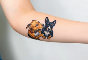 tan pitbull and black blue heeler dogs playing together tattoo idea