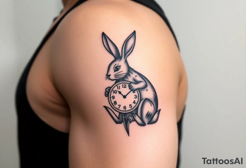 Tribal Rabbit holding a Clock tattoo idea