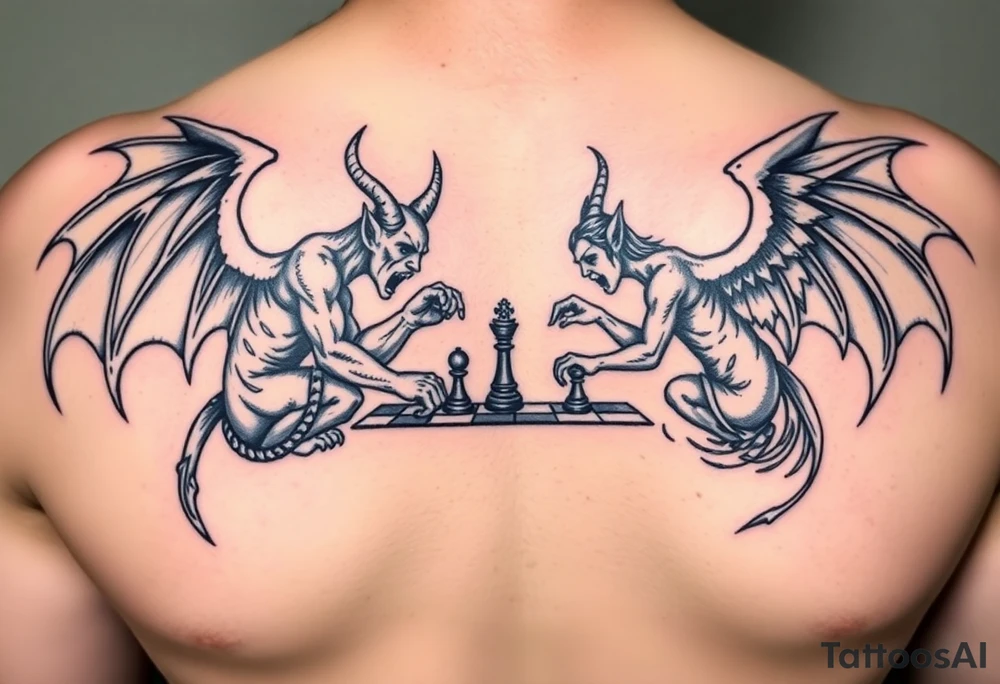 devil and angel playing chess in black and mainly just the outline tattoo idea