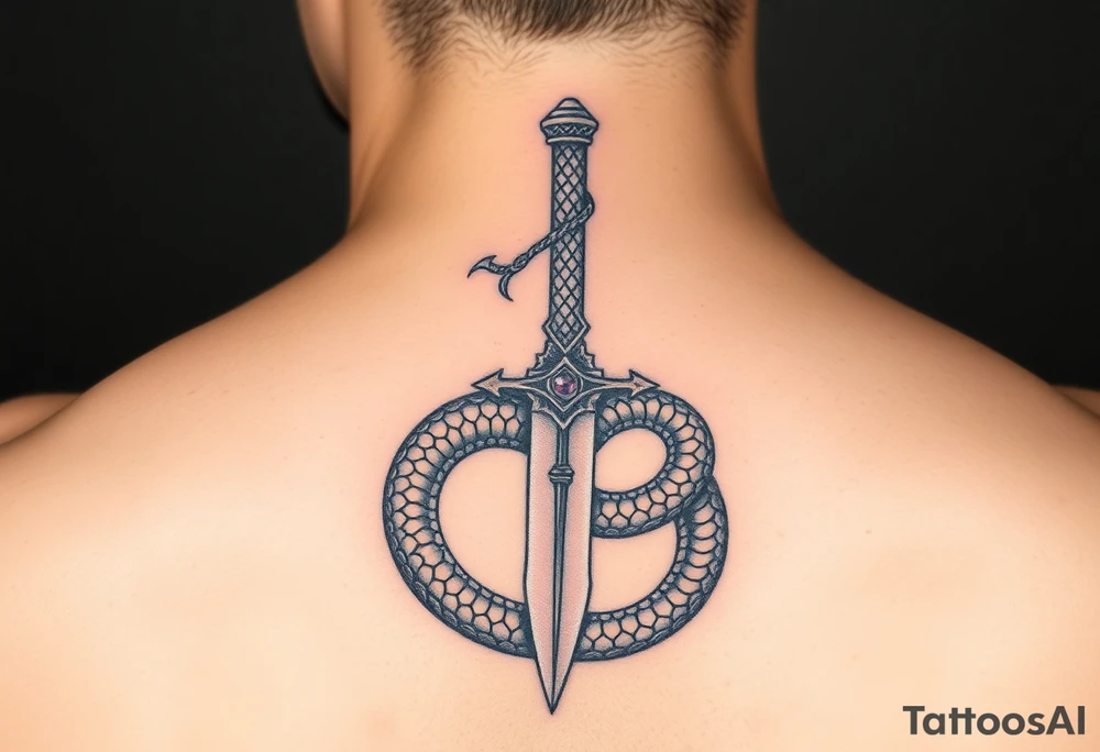 mystical snake coiled around an ancient dagger with jeweled hilt tattoo idea