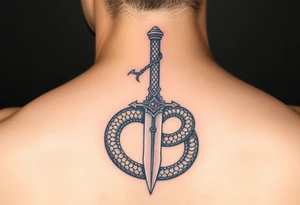 mystical snake coiled around an ancient dagger with jeweled hilt tattoo idea