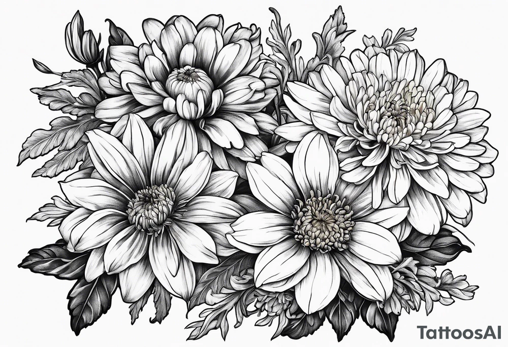 Flowers: marigold, chrysanthemum, narcissus tattoo idea