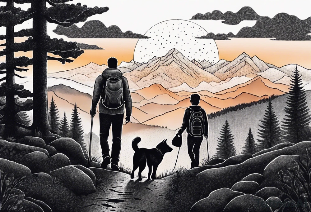 nature, sunset, mountains, a father and son hiking with their dog and cat and a cross tattoo idea