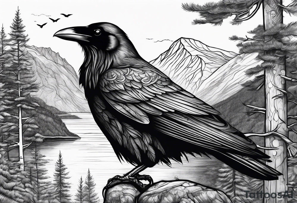 raven in fjord with trees tattoo idea
