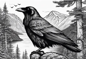 raven in fjord with trees tattoo idea
