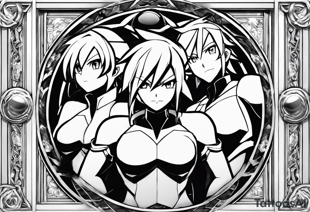 The three lake guardians from the gen 4 pokemon games azelf uxie and mesprit holding eachother with their eyes closed with a aggressive and sharp border kind of like a window frame but has a alternative style to it. tattoo idea