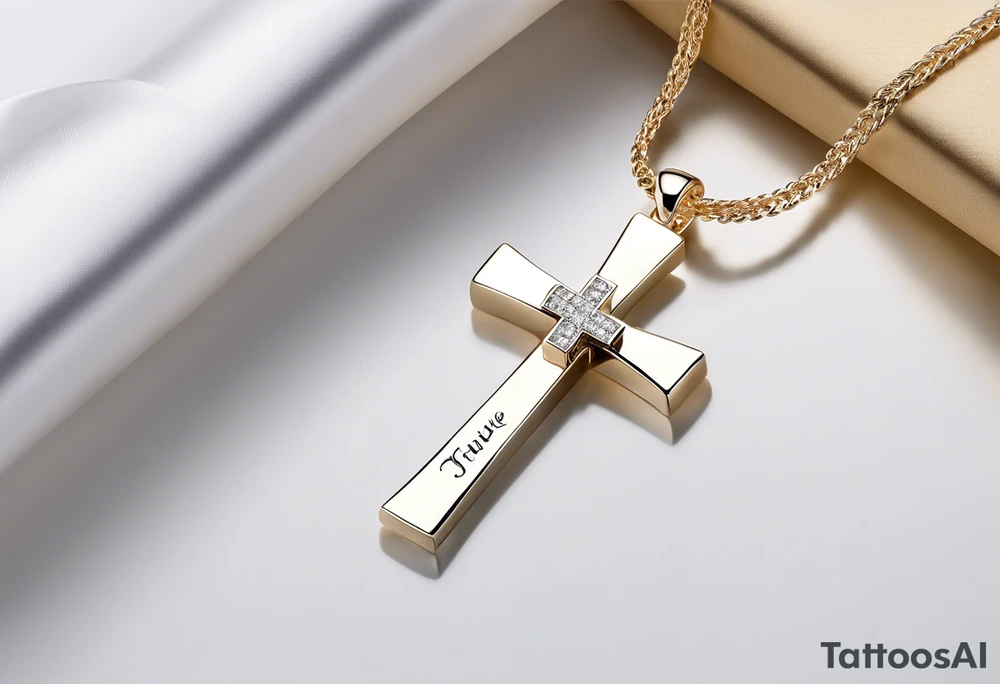 The central focus is a sleek, minimalist cross, symbolizing faith or personal beliefs. Wrapped around the cross is a delicate ribbon, elegantly inscribed with the words “Stay true to who you are.” The ribbon serves as a reminder of self-identity and staying authentic to oneself. Behind the cross, a vibrant gradient of warm colors resembling a sunset creates a striking backdrop, infusing the tattoo with a sense of tranquility and hope. tattoo idea
