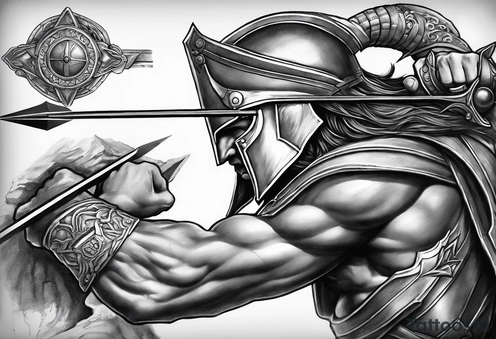 A half-leg sleeve starting on the knee. On the knee is a spartan helmet with an arrow going through it. At the point of the arrow is Mount Olympus being held up by Hercules. Under Hercules is the underworld with the sea of the dead. The space around Mount Olympus is filled with ancient Greek mythology. tattoo idea
