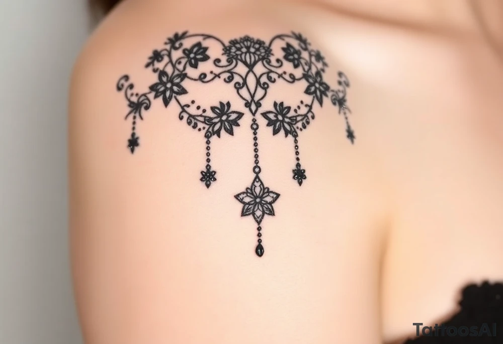 Vintage floral lace and delicate jewelry inspired with draping chains and 5 pointed crystal star charms. tattoo idea