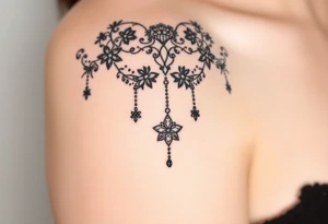 Vintage floral lace and delicate jewelry inspired with draping chains and 5 pointed crystal star charms. tattoo idea