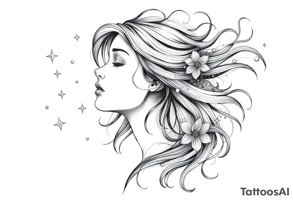 ethereal faceless woman with flowing hair and beautiful celestial stars tattoo idea