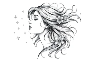 ethereal faceless woman with flowing hair and beautiful celestial stars tattoo idea
