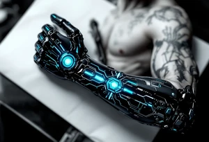 A futuristic robotic glove illusion in matte black and cobalt blue, with neon green circuit tracings. tattoo idea