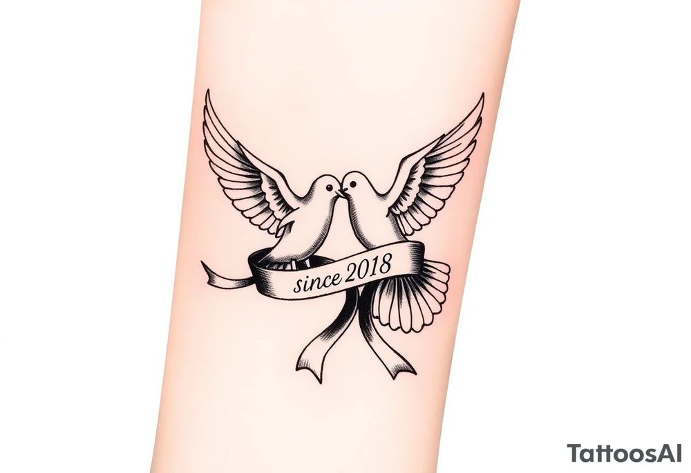 A pair of doves in mid-flight, carrying a silk ribbon with the wedding date "since" 2018. tattoo idea