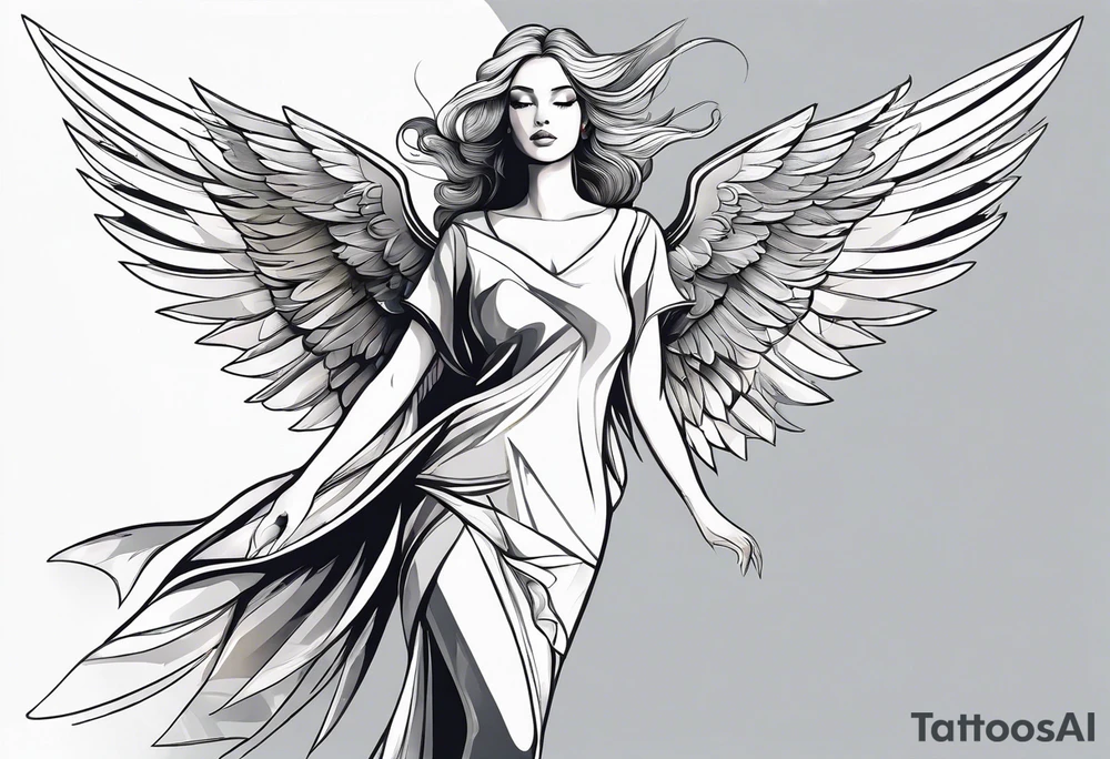 angel woman with big wings full body flying on the sky tattoo idea