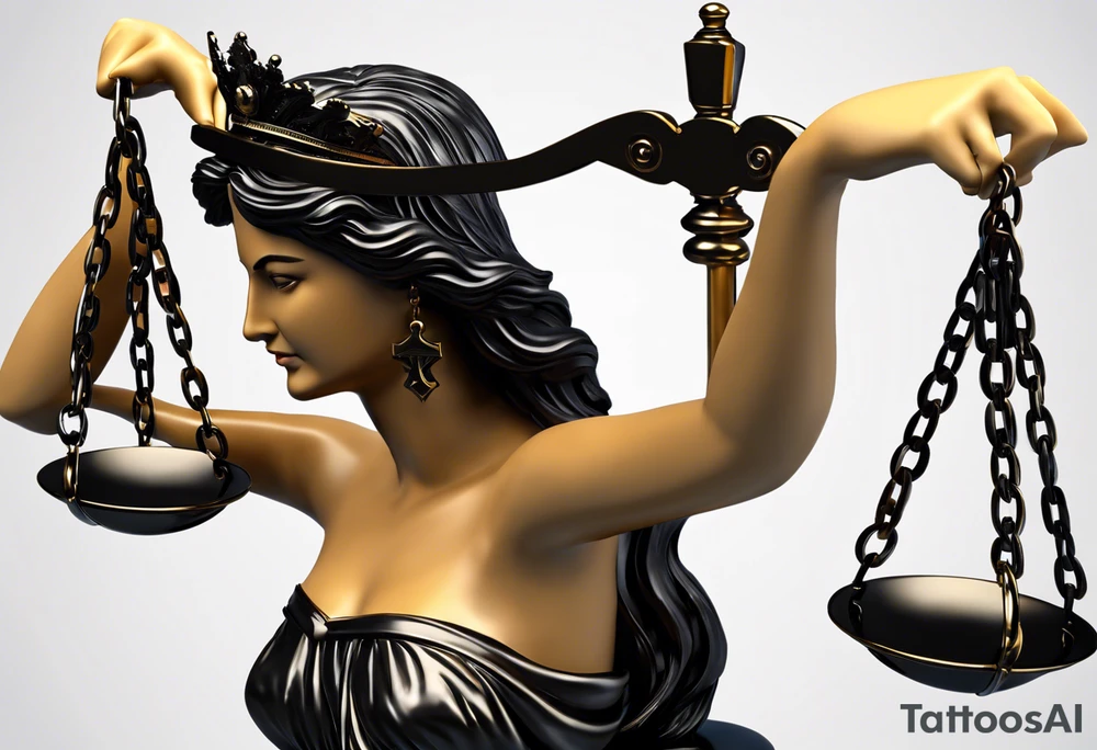 Lady Justice, 
Blindfold: Symbolizes impartiality, indicating that justice should be administered without bias, regardless of identity, wealth, power, or status.
Scales: Represent the weighing of evidence and arguments, ensuring a balanced and fair verdict.
Sword: Signifies the enforcement of justice and the authority to make decisions that can have powerful consequences.
In this depiction, Lady Justice is shown with black hair, which is a unique artistic choice compared to the more traditional representations. The scales, blindfold, and sword are all present, adhering to the classic iconography but with a modern and colorful twist. blue roses frames, background blue,present it in a tattoo tattoo idea