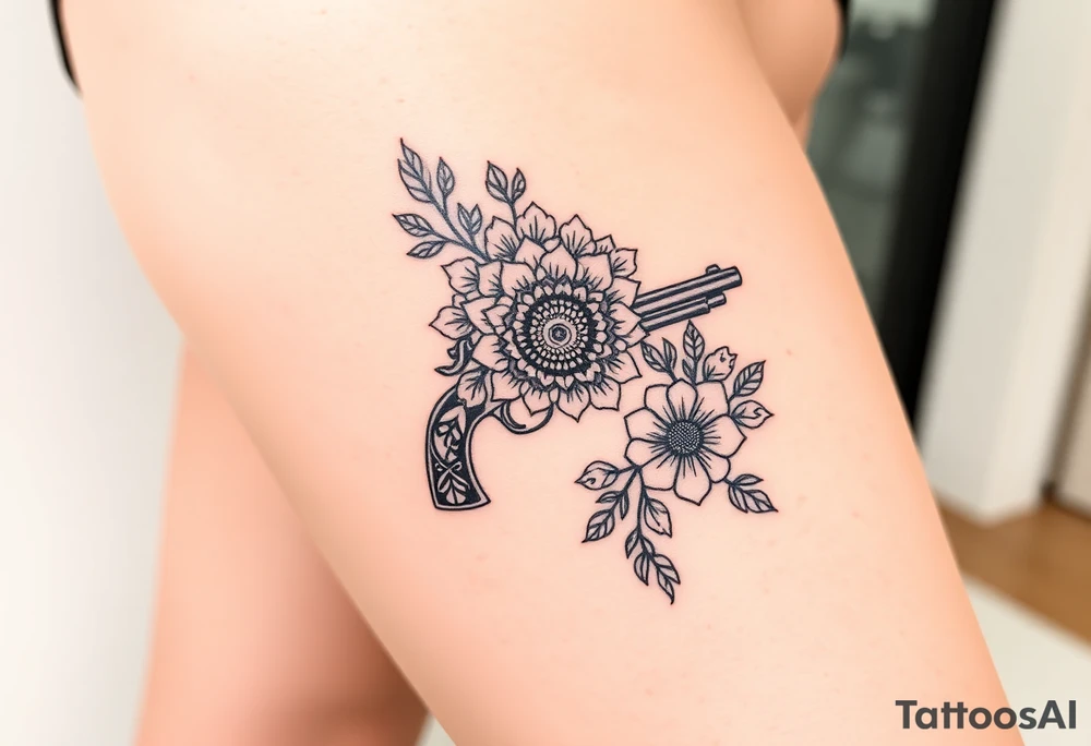 Gun mandala and flowers tattoo idea