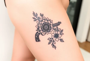 Gun mandala and flowers tattoo idea