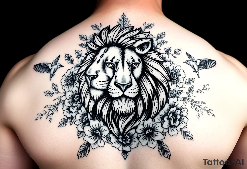 powerful lion surrounded by floral ornaments and birds tattoo idea