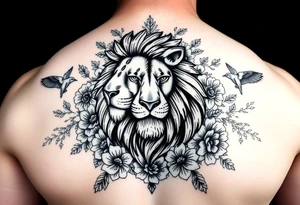 powerful lion surrounded by floral ornaments and birds tattoo idea