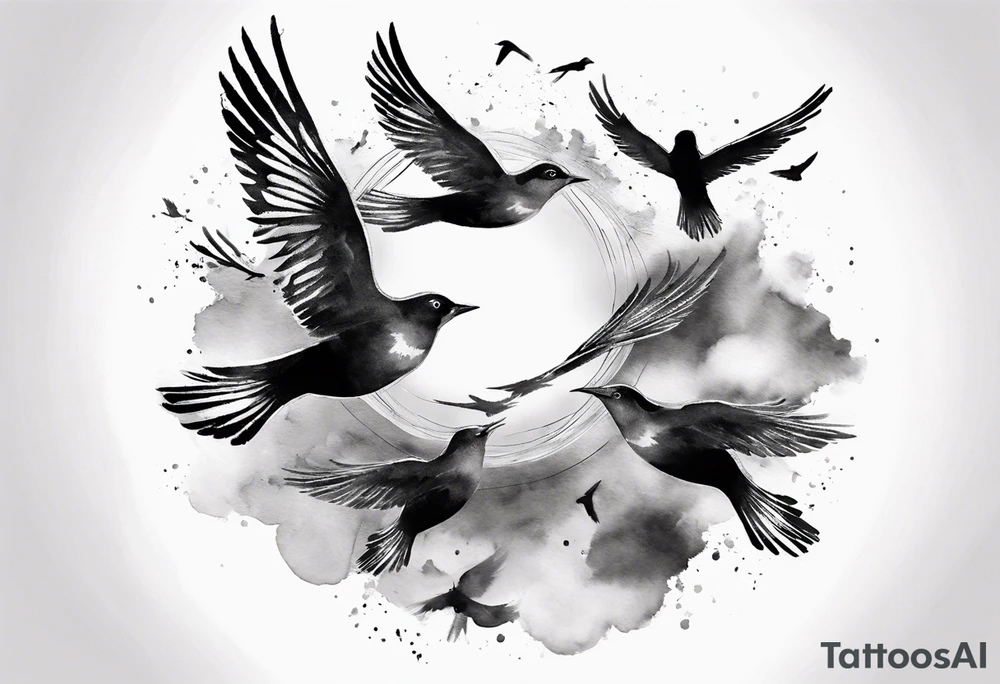 shoulder tattoo with light rays with birds flying free among the clouds, round shape, 3d effect tattoo idea shoulder tattoo with light rays with birds flying free among the clouds, round shape, 3d effect tattoo idea