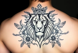 powerful majestic lion with a crown, surrounded by floral ornaments and birds tattoo idea