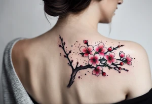 Shoulder tattoo of cherry blossom branch in rainbow colors tattoo idea