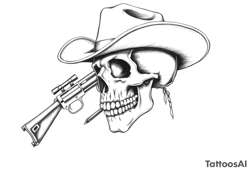 a skull with cowboy-hat and agun in his hand and a cigar in his mouth. tattoo idea