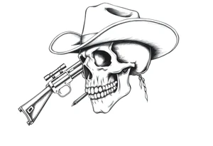 a skull with cowboy-hat and agun in his hand and a cigar in his mouth. tattoo idea