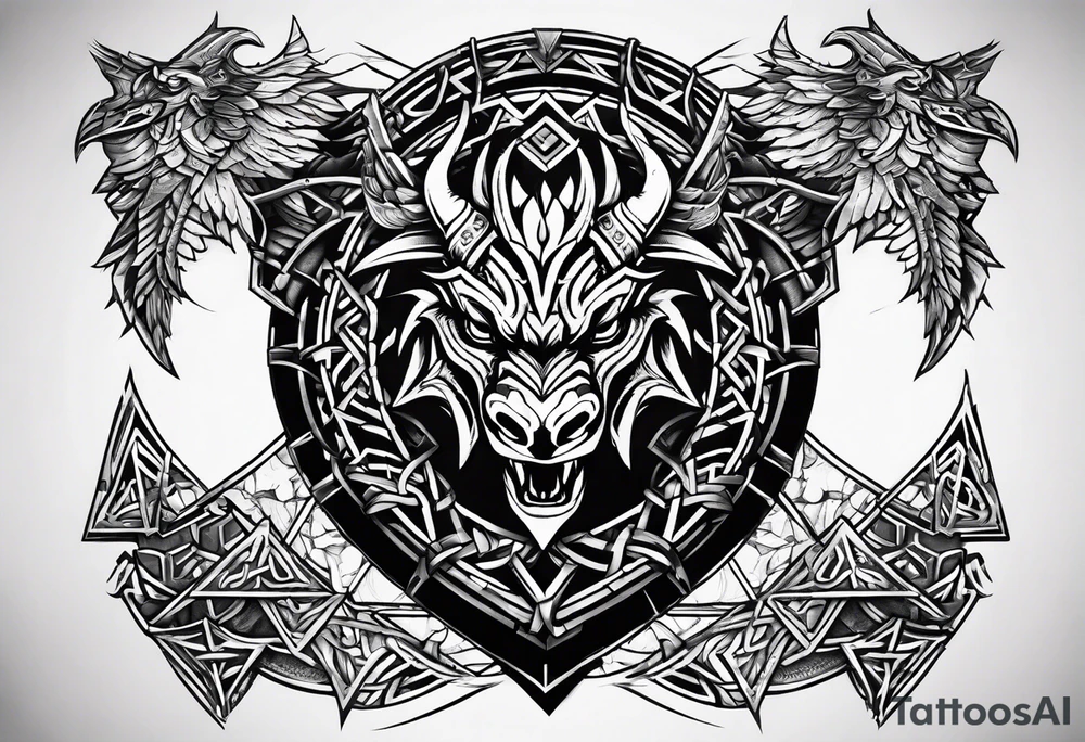 Valhalla sword shield dragon axe Valknut barbed wire chains tribal tattoo idea Valhalla sword shield dragon axe Valknut barbed wire chains tribal tattoo idea