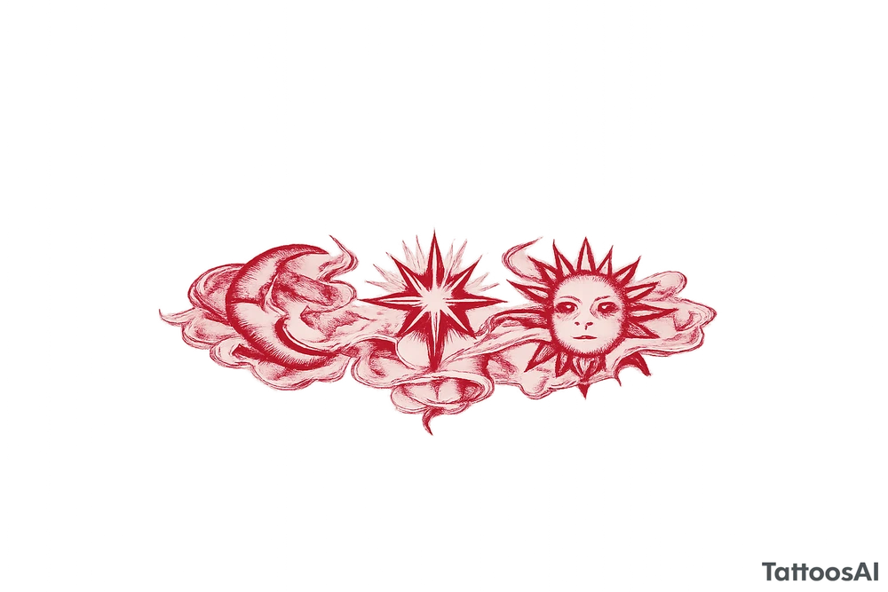 Moon, Sun, and Rising Star in the same red stencil aesthetic, with the smoke weaving through and overlapping each celestial symbol so they feel like a cohesive set for sternum placement. The Rising Star specifically incorporates the same flowing ribbon effect you liked in the Moon and Sun references. tattoo idea